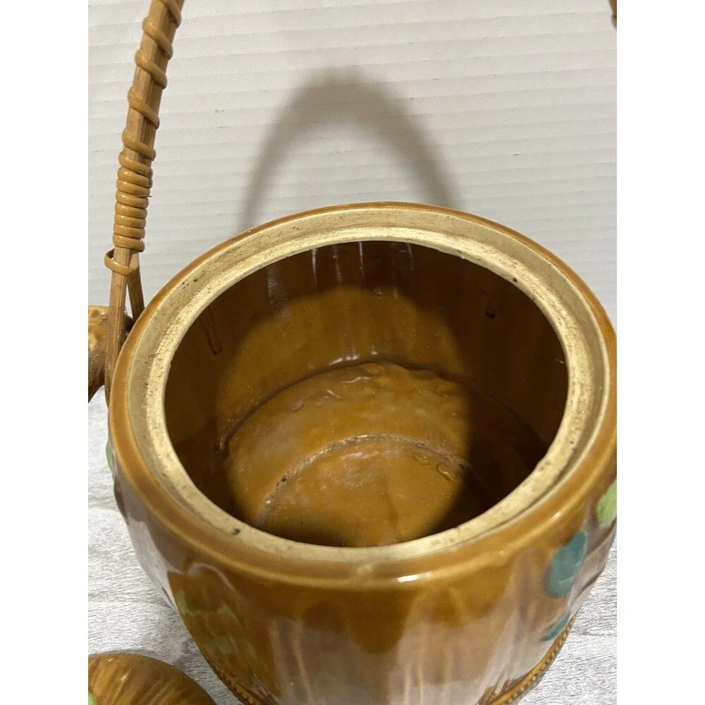 Vintage Majolica Biscuit Cookie Jar Squirrel Top Rattan Handle Hand Glazed Japan